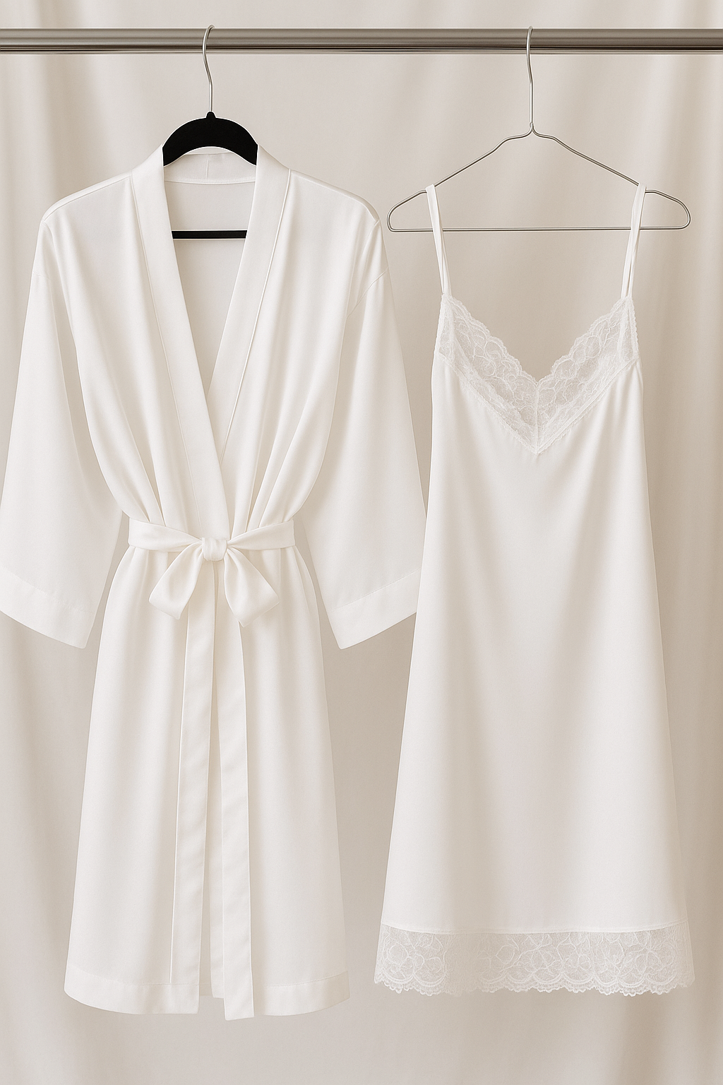 Silk Satin Robe & Lace Slip Dress – White
