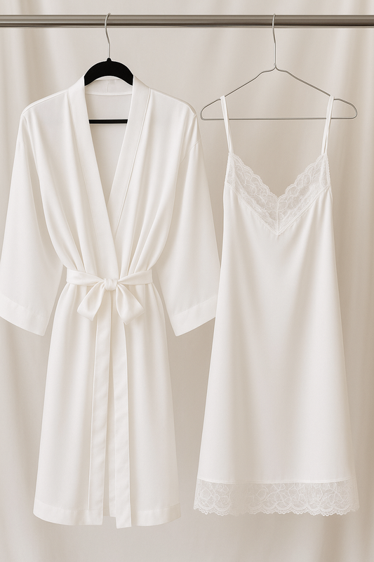 Silk Satin Robe & Lace Slip Dress – White