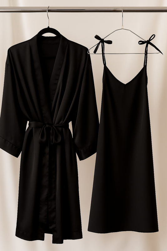 Silk Satin Robe & Slip Dress – Black