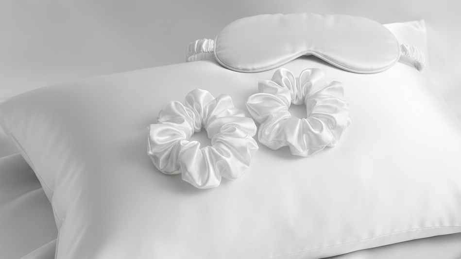 Crafted from premium satin silk, this set includes a soft pillowcase, a smooth sleep mask, and two gentle hair scrunchies.